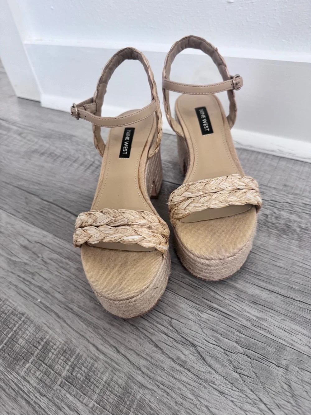 Nine West Braided Straw Espadrille Platform Sandals Neutral Tan 5.5